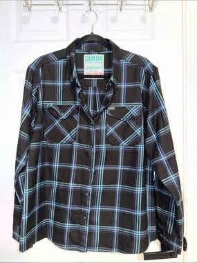 DIXXON Black Plaid Button-Down Shirt with Teal and Light Blue Stripes